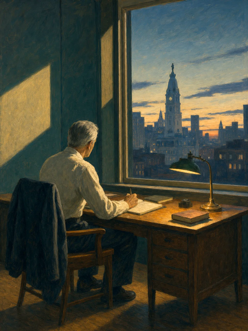 Painting in the style of Edward Hopper of a writer at his desk, gazing out over the Philadelphia skyline at dusk